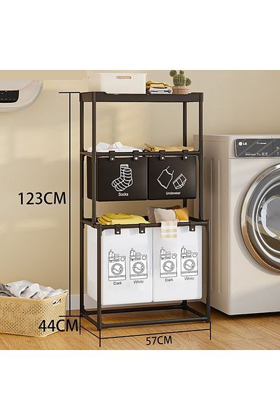OEM Raft / Cos Baie 3 Etajere + 4 Coșuri Rufe, Organizator Haine Murdare, Cadru Inoxidabil, 123x57x28 cm