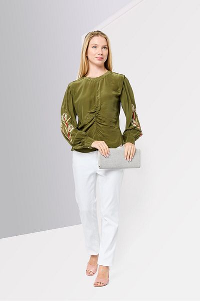 Scotch & Soda Women Round Neck Long Sleeve Embroidered Blouse, Olive