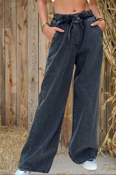 Pasaklı Giyim Women's Anthracite Black Lace-Up Elastic Waist Wide Leg Jeans Kt088319