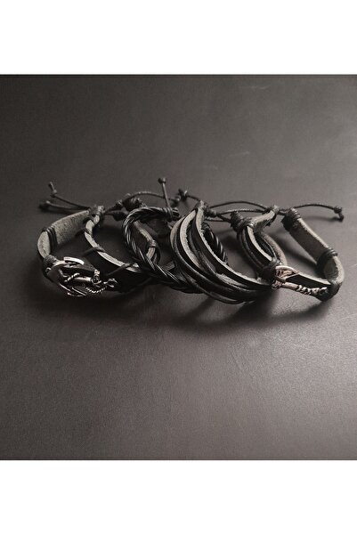 BSN Store 5-Piece Premium Black Genuine Leather Bracelet with Sailor Anchor and Nordic Ax Figure