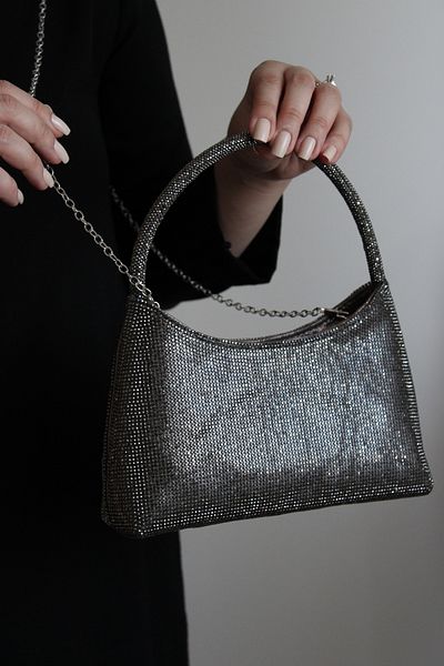 Mimoza Women's Platinum Crystal Textured Shiny Shoulder & Chain Strap Evening Dress Bag