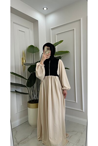 BESSE BEJ SİYAH GARNİLİ PAMUKLU ELBİSE