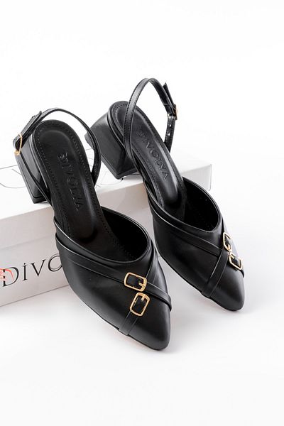 DİVOLYA Gabriel Black Cross Buckle (4 cm Heeled) Pointed Toe Ballerina Shoes