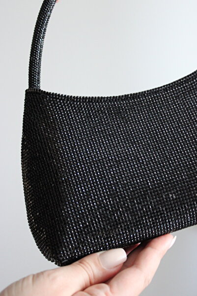 Mimoza Women's Black Crystal Textured Shiny Shoulder & Chain Strap Evening Dress Bag