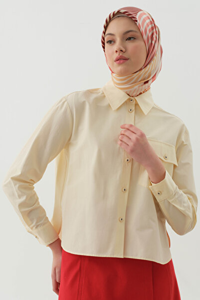 Tuğba Cepli Crop Gömlek - Bej - Lacivert