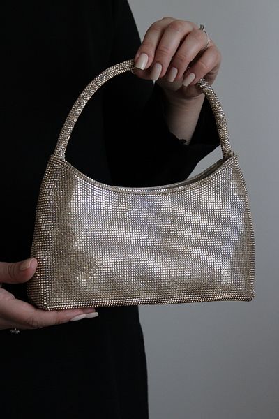 Mimoza Women's Gold Crystal Textured Shiny Shoulder & Chain Strap Evening Bag