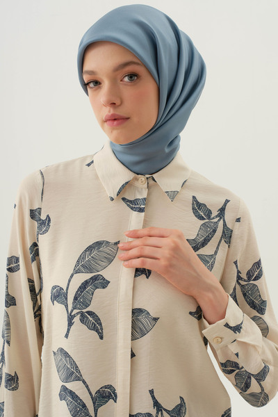 Tuğba Floral Yaprak Desenli Gömlek - Bej - Lacivert