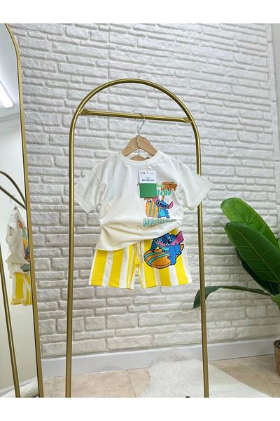 Kidmark Çocuk Modası Boy's Stitch Printed Shorts Summer Suit