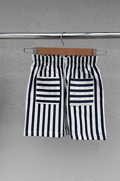 KALBEN ÇOCUK Children's Cotton 2-Piece Set - Navy Blue Striped Shorts Summer Set