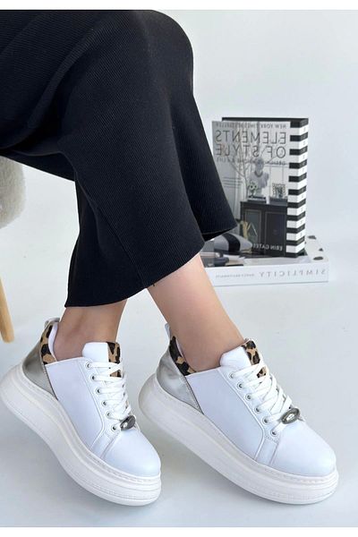 buHillco Gasta White Silver Leopard Detailed Lace-Up Women's Sports Shoes