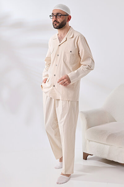 semazen Men's Linen 4-Pocket Double Safari Suit Hajj Umrah Clothing Cream