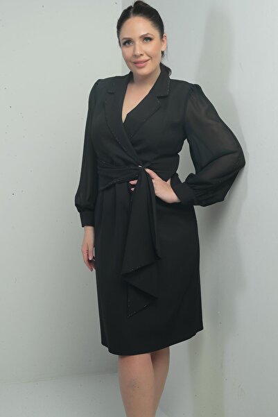 By Saygı Women's Double Breasted Neckline Sleeves Chiffon Beaded Waist Detail Self Interlining Half Lined Plus Size Elb