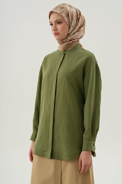 Tuğba Kuşaklı Çizgili Gömlek - Haki