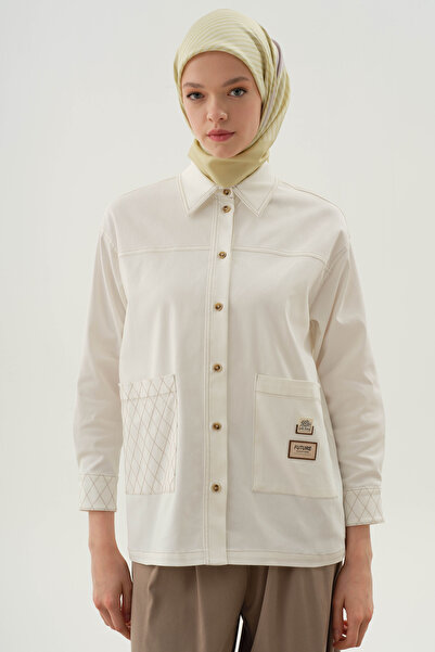 Tuğba Baklava Dikiş Detaylı Cepli Gömlek - Ekru