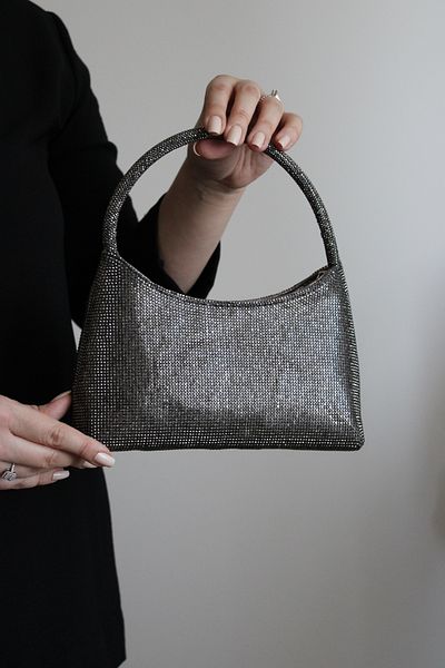Mimoza Women's Platinum Crystal Textured Shiny Shoulder & Chain Strap Evening Dress Bag