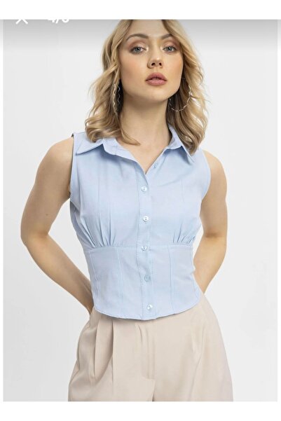 MODA Cămașă elegantă fără mâneci, cu guler tip cămașă și detaliu din elastic ...