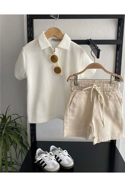 Kidmark Çocuk Modası Boy's Corduroy Polo Neck Cream Shorts Suit