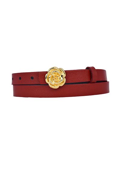 GoDeri 100% Genuine Leather, Gold Color Buckle Thin 2cm Red Women's Belt; Dress, Pants Belt Gül_Gold