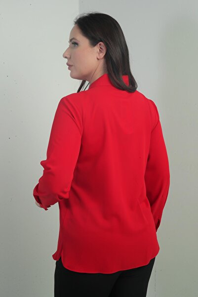 By Saygı Kadın V Yaka Fularlı Krep Saten Büyük Beden Bluz