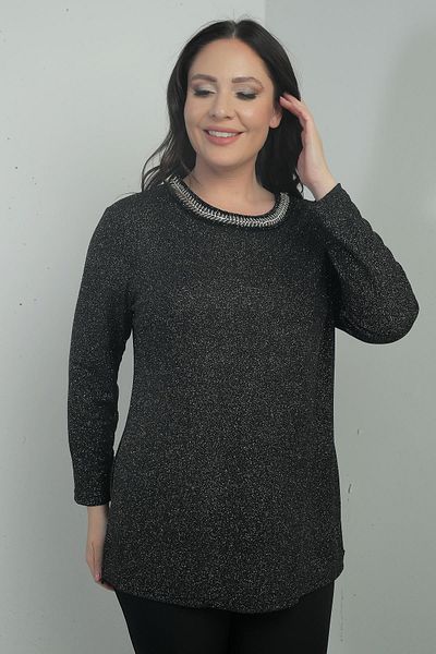 By Saygı Women's Stone Detailed Round Neck Glittery Lycra Large Size Blouse