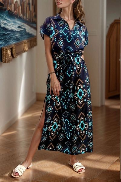 bacc Rochie neagră pentru femei, cu decolteu în V, cu jumătate de mânecă, cu fantă, cu imprimeu maxi Bcbsk-25700-3649