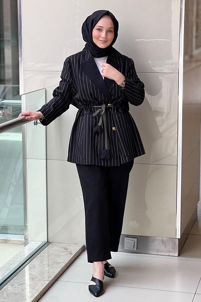 Ghisa V Knitwear Collar Waist Shirring Striped Jacket Pants Set