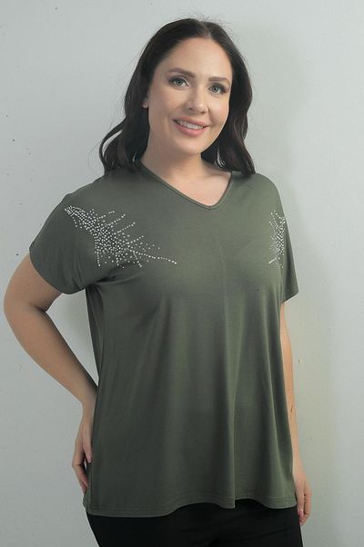 By Saygı Women's Shoulder Stone Printed V-Neck Bat Sleeve B.B. Blouse