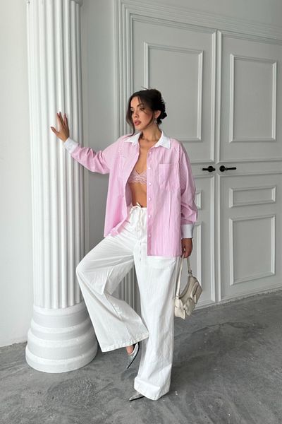 KAZAK Collar and Cuff White Boyfriend Striped Popline Shirt - Pink