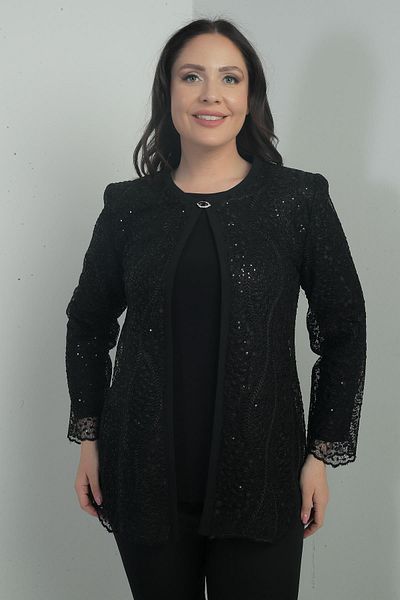 By Saygı Women's Long Sleeve Blouse Sequins Embroidered Lace Jacket Large Size 2 Piece Set