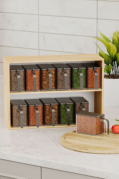 İronika Set of 12 Bamboo Spice Rack with Spoon and Lid Spice Storage Box