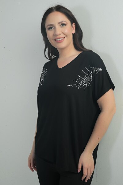 By Saygı Women's Shoulder Stone Printed V-Neck Bat Sleeve B.B. Blouse