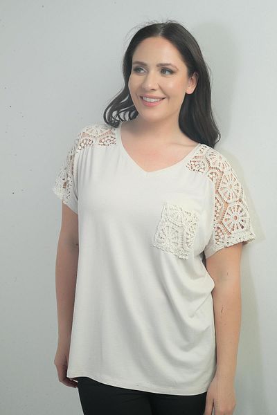 By Saygı Women's Shoulder and Pocket Lace Large Size Blouse