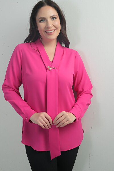 By Saygı Women's V-Neck Scarf Crepe Satin Large Size Blouse