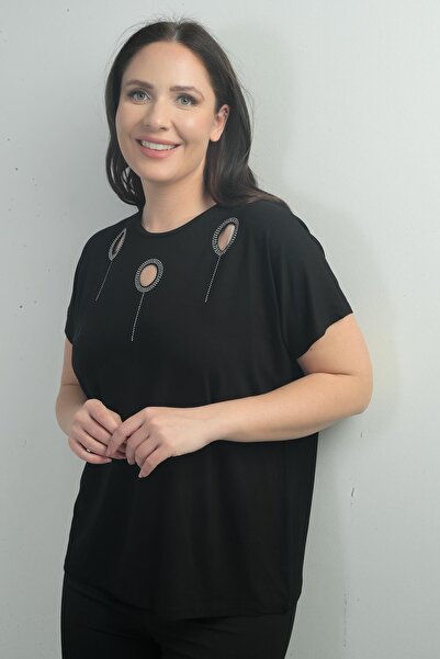 By Saygı Women's Shoulder Stone Printed Crew Neck Bat Sleeve B.B. Blouse