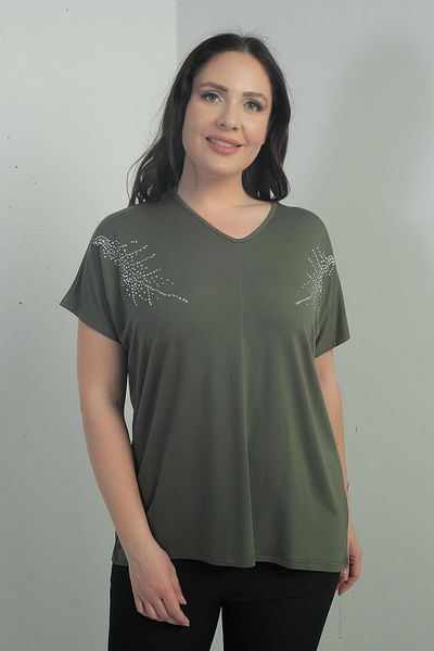 By Saygı Women's Shoulder Stone Printed V-Neck Bat Sleeve B.B. Blouse