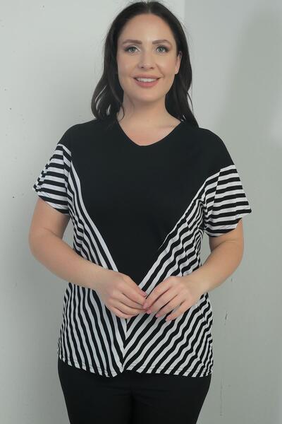 By Saygı Women's V-Neck Stripe Detailed Bat Sleeve B.B. Blouse