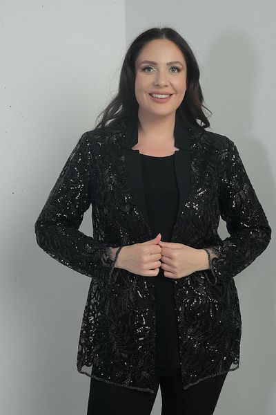 By Saygı Women's Sequined Tulle Jacket Lycra Long Sleeve Blouse Plus Size 2 Piece Set