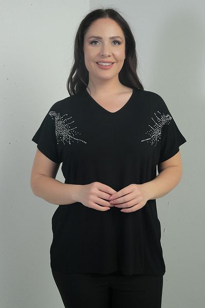 By Saygı Women's Shoulder Stone Printed V-Neck Bat Sleeve B.B. Blouse
