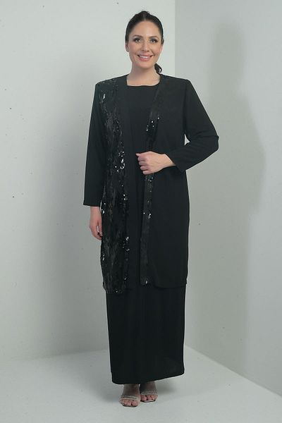 By Saygı Women's Front Pulpayet Chiffon Jacket Lined Sleeves Sandy Long Dress Large Size 2 Piece Set
