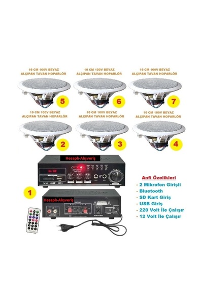 Hesapli Alisveris (1 Adet Amfi + 6 Adet 100V 16 cm Tavan Hoparlör) Tavan Hopa...