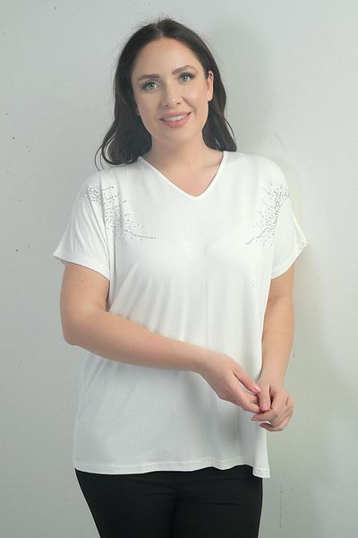 By Saygı Women's Shoulder Stone Printed V-Neck Bat Sleeve B.B. Blouse