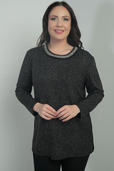 By Saygı Women's Stone Detailed Round Neck Glittery Lycra Large Size Blouse