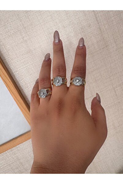 MOD10 Helen Jewerly Çelik silver gold zirkon taşlı plaka şövalye yüzük serena...