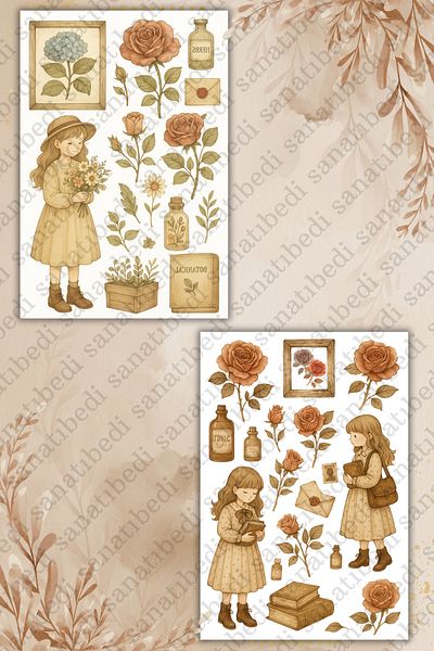 sanatıbedi 2 Sheets Vintage Botanical Flowers Sticker - Laptop Agenda Motor Helmet Phone Tablet Journal Sticker