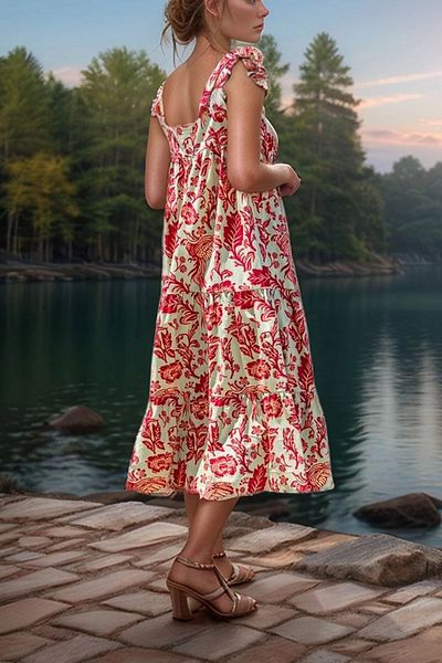 bacc Women's Green Ruffle Strap Patterned Summer Dress Bcbsk-25700-Ss22-7093
