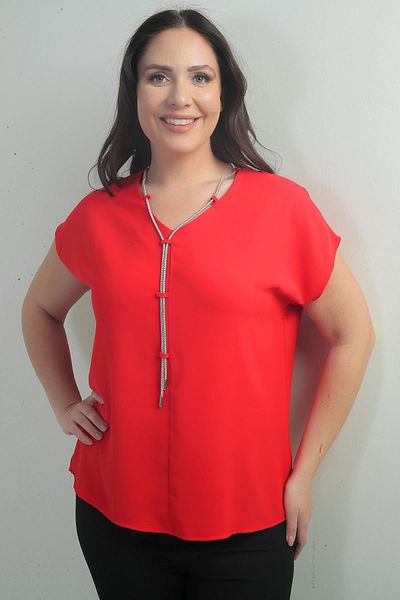 By Saygı V-Neck Crepe Satin Necklace Plus Size Blouse