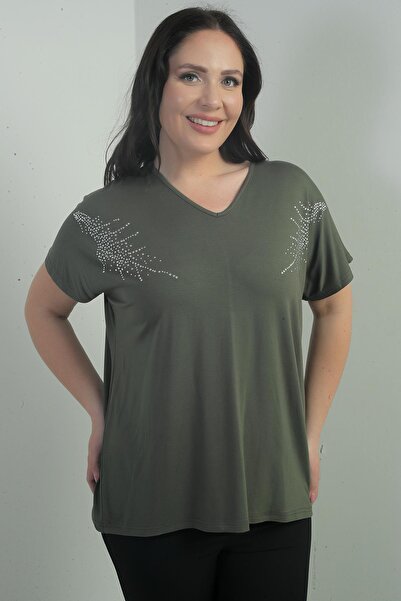 By Saygı Women's Shoulder Stone Printed V-Neck Bat Sleeve B.B. Blouse