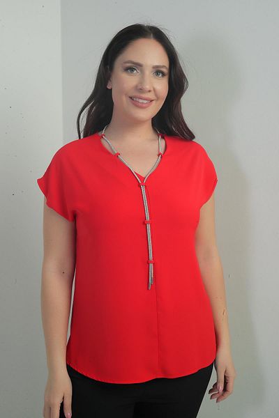 By Saygı V-Neck Crepe Satin Necklace Plus Size Blouse