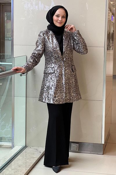 Nurcan Çetin Sequined Jacket Sleeveless Innerwear 3 Piece Set with Pants