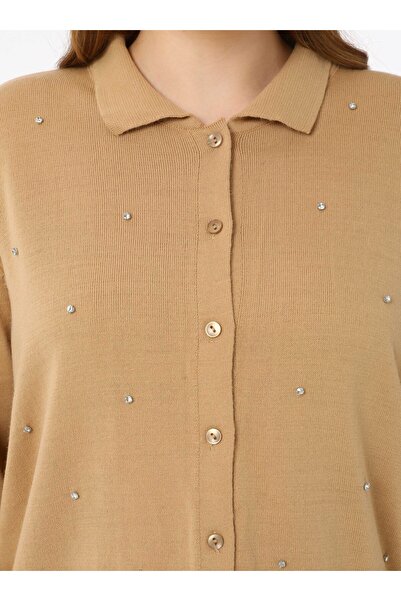 ALİA Large Size Stone Detailed Knitwear Cardigan - Mink - Alia